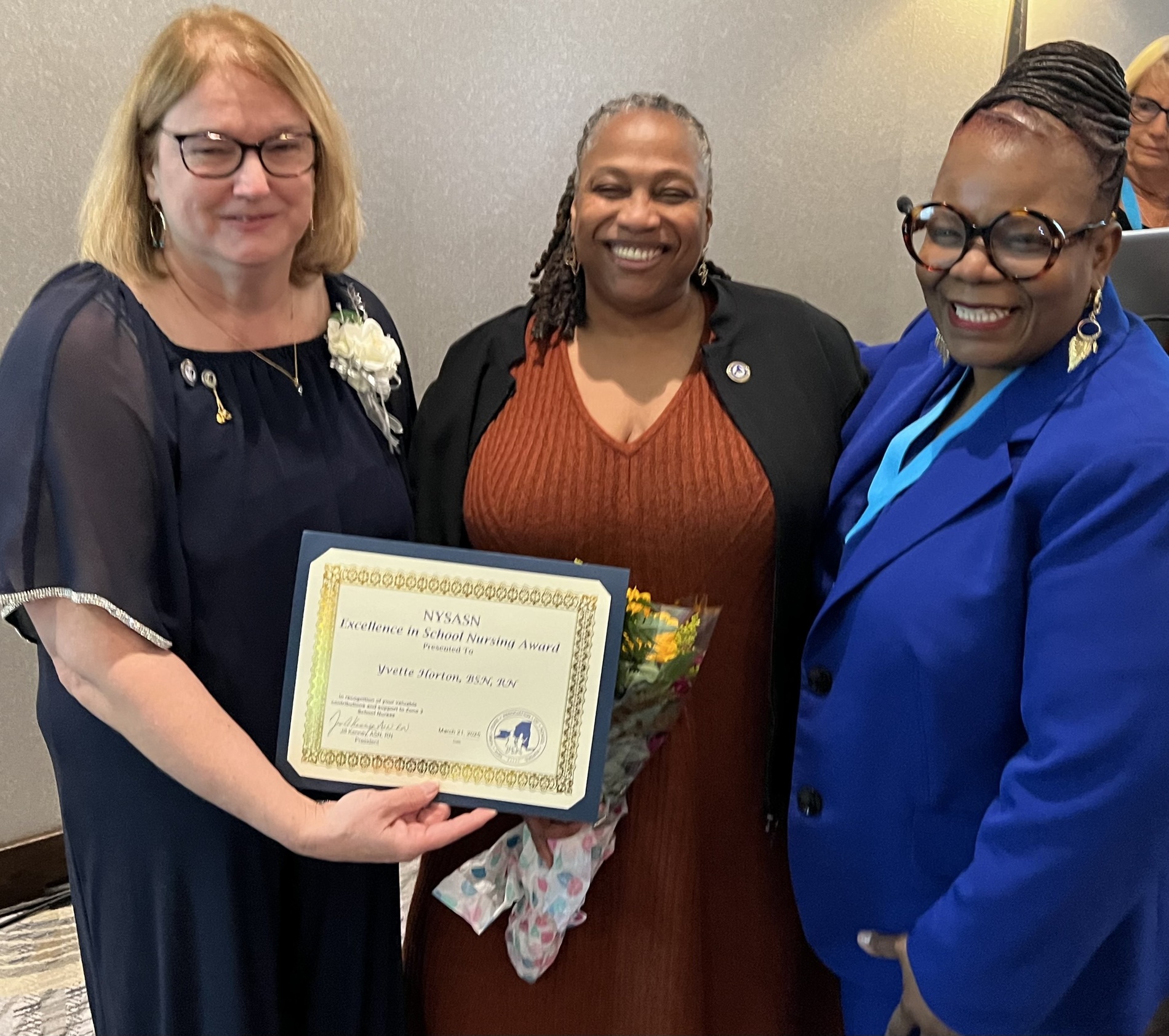 Excellence in School Nursing Winner Yvette Horton with Public Relations Chair and Zone 3 member Ponzella Johnson and President Jill Kenney