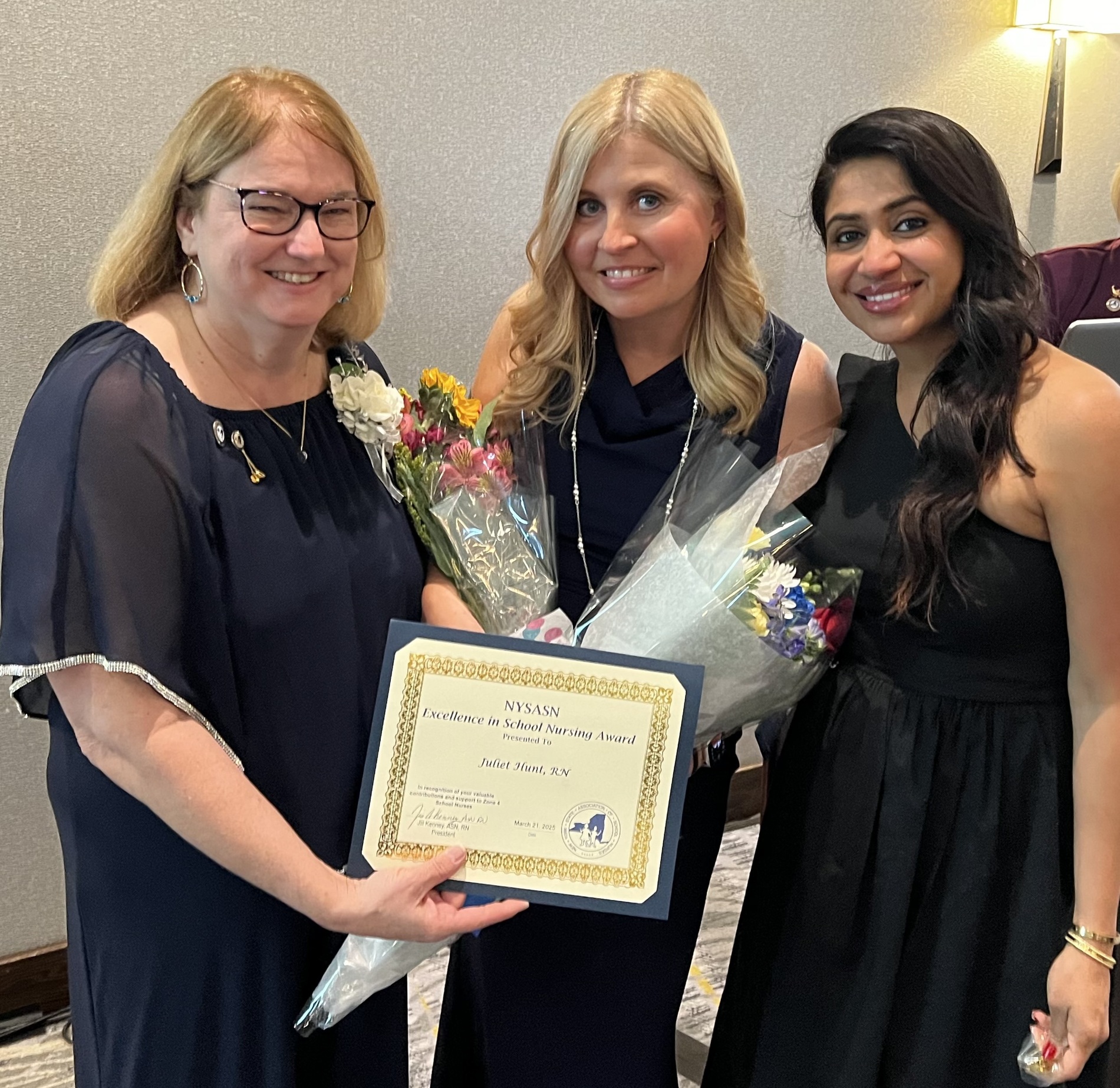 Excellence in School Nursing Winner Juliet Hunt with Zone 4 Rep Amy Dhanoa and President Jill Kenney