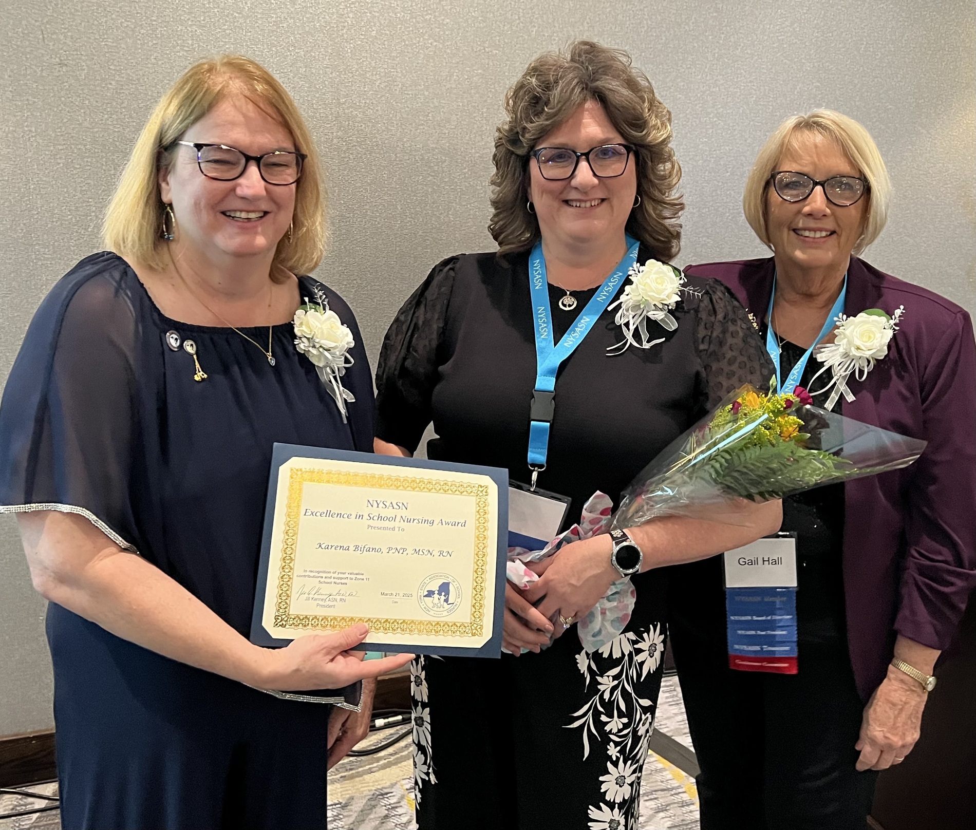 Excellence in School Nursing Winner Karena Bifano with Zone 11member and NYSASN Treasurer Gail Hall and President Jill Kenney