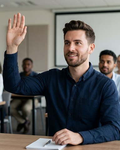 Man raising hand to ask a question