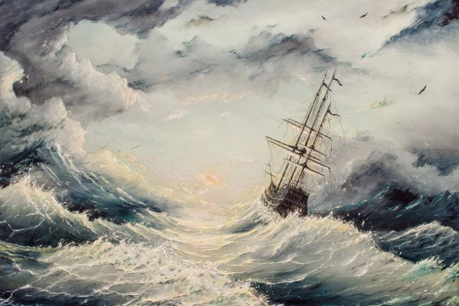 stormy sea, ship adrift