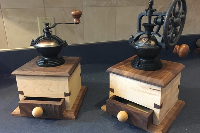 wood carvings coffee grinders