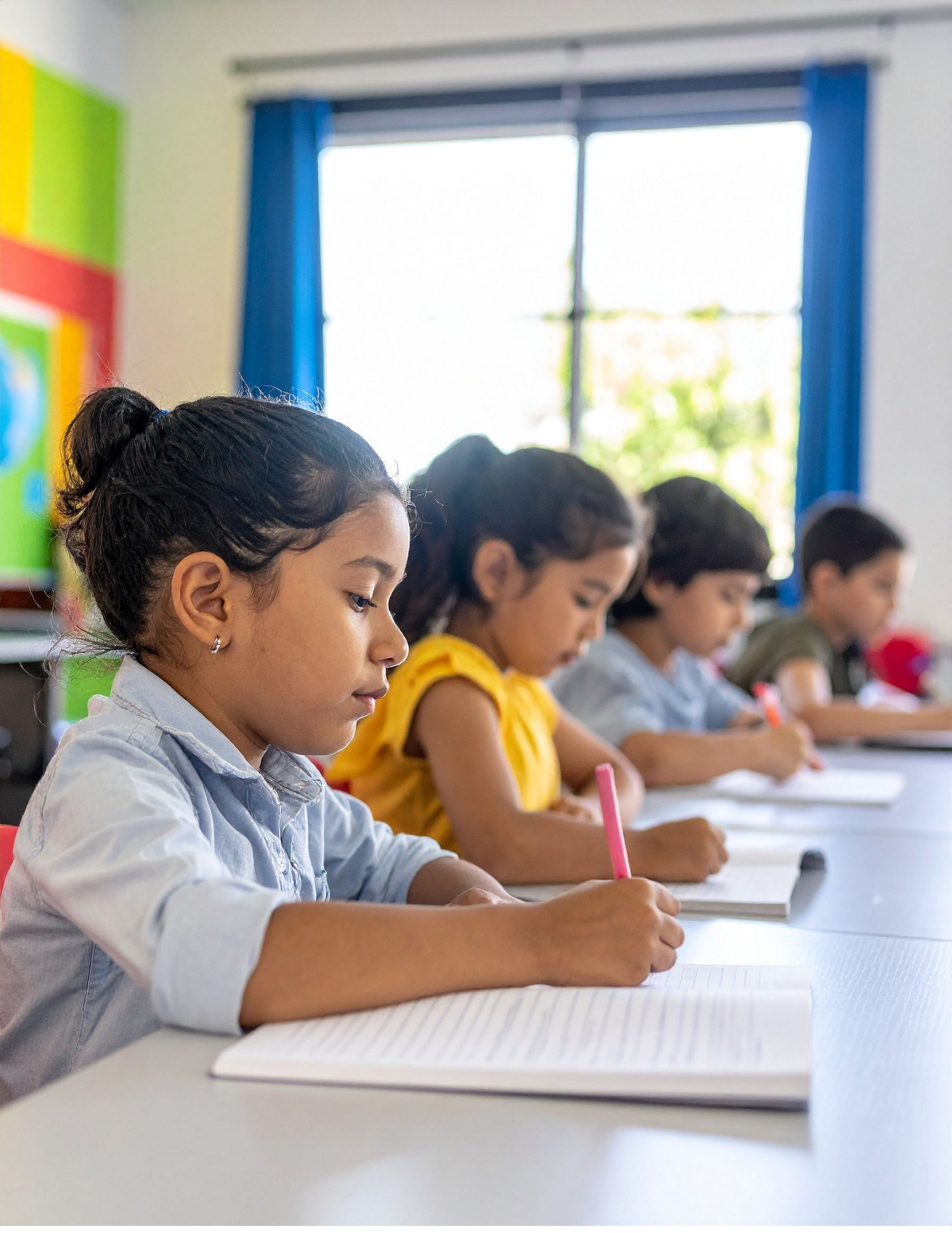 Side view of children writing in a notebook.