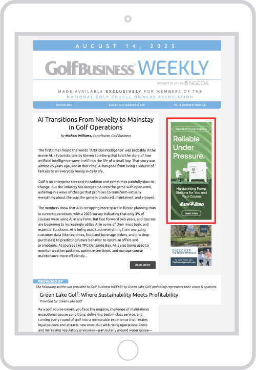golf business weekly email on tablet