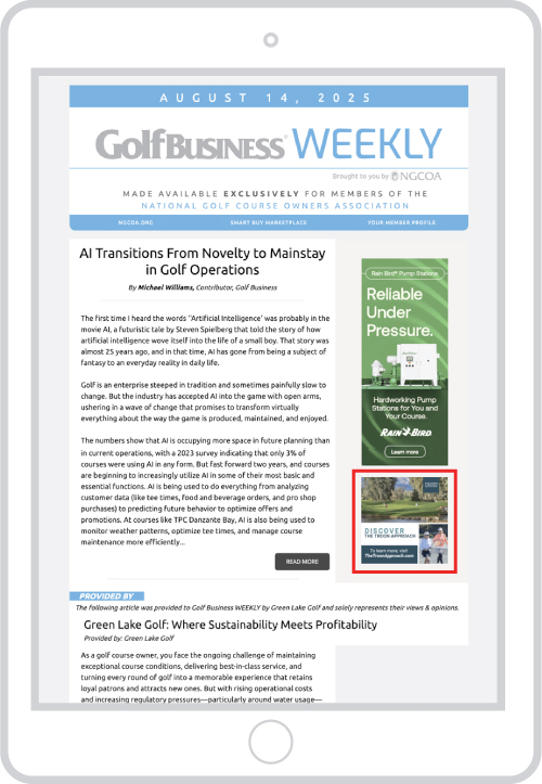 golf business weekly email on tablet