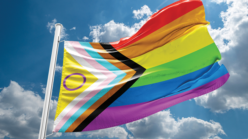 A gay pride flag waves in the wind