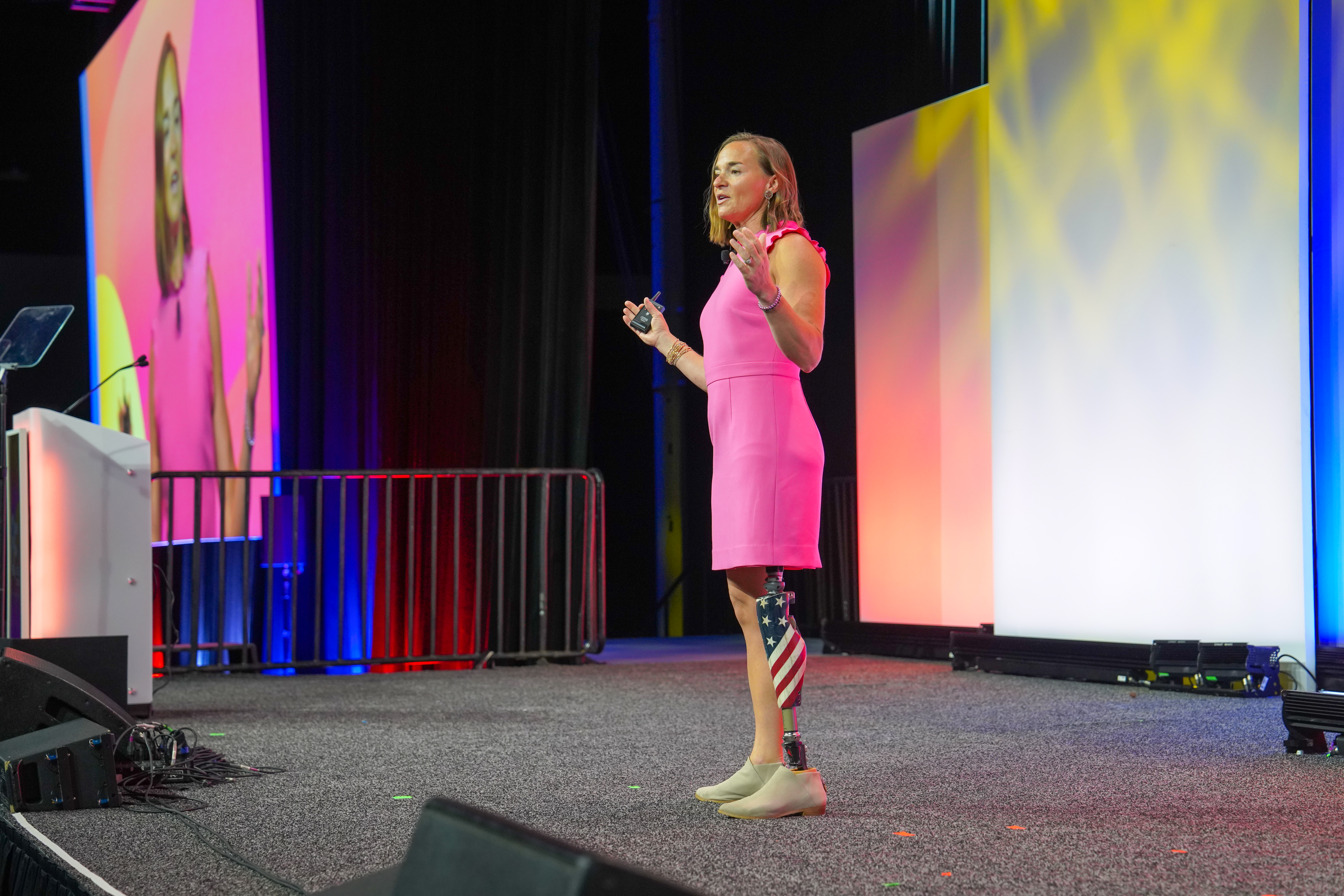 Melissa Stockwell speaks from the stage at the 2025 NSBA Annual Conference