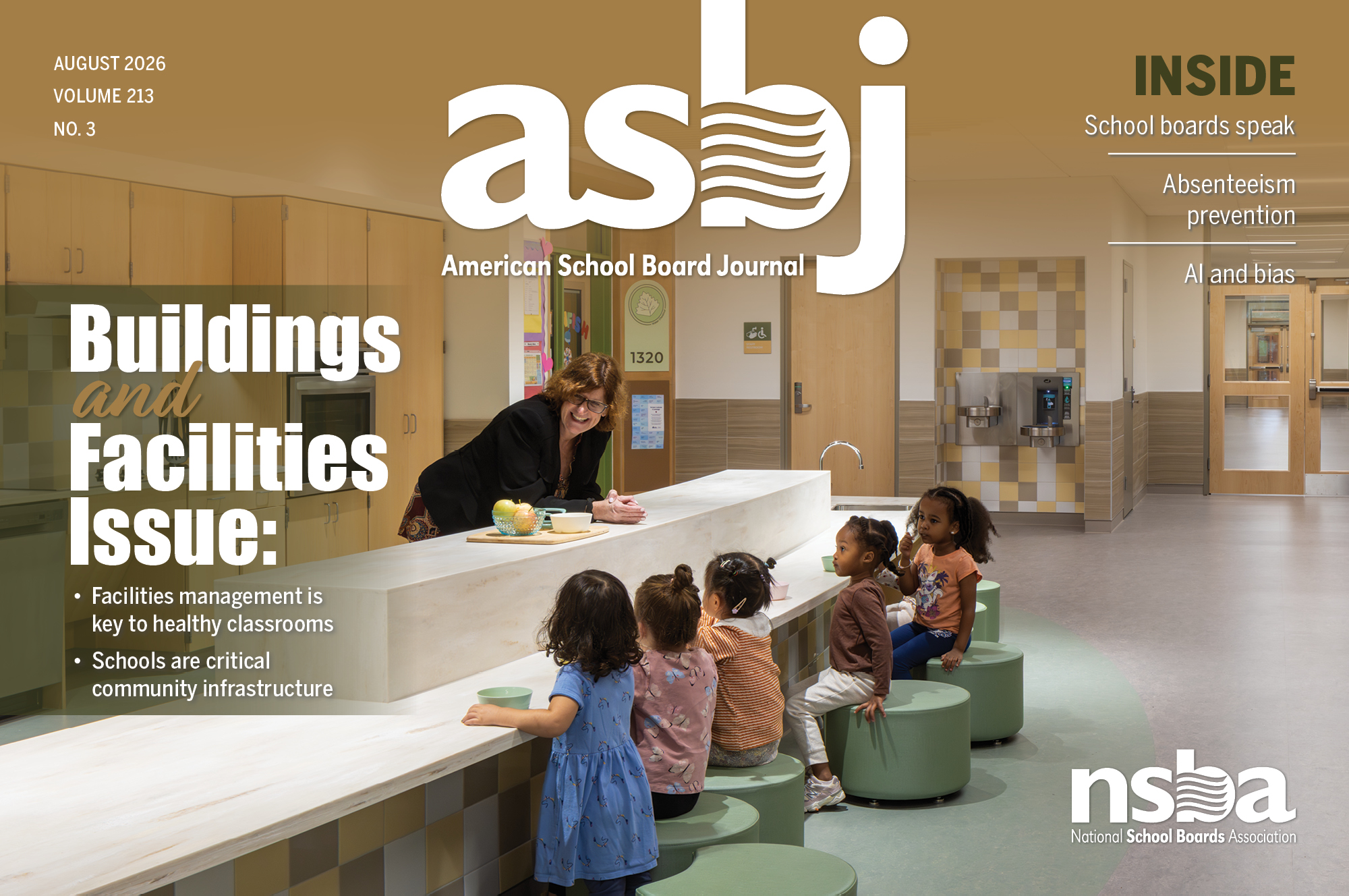 ASBJ August 2026 Cover: A teacher at a hallway counter facing kids sitting on chairs