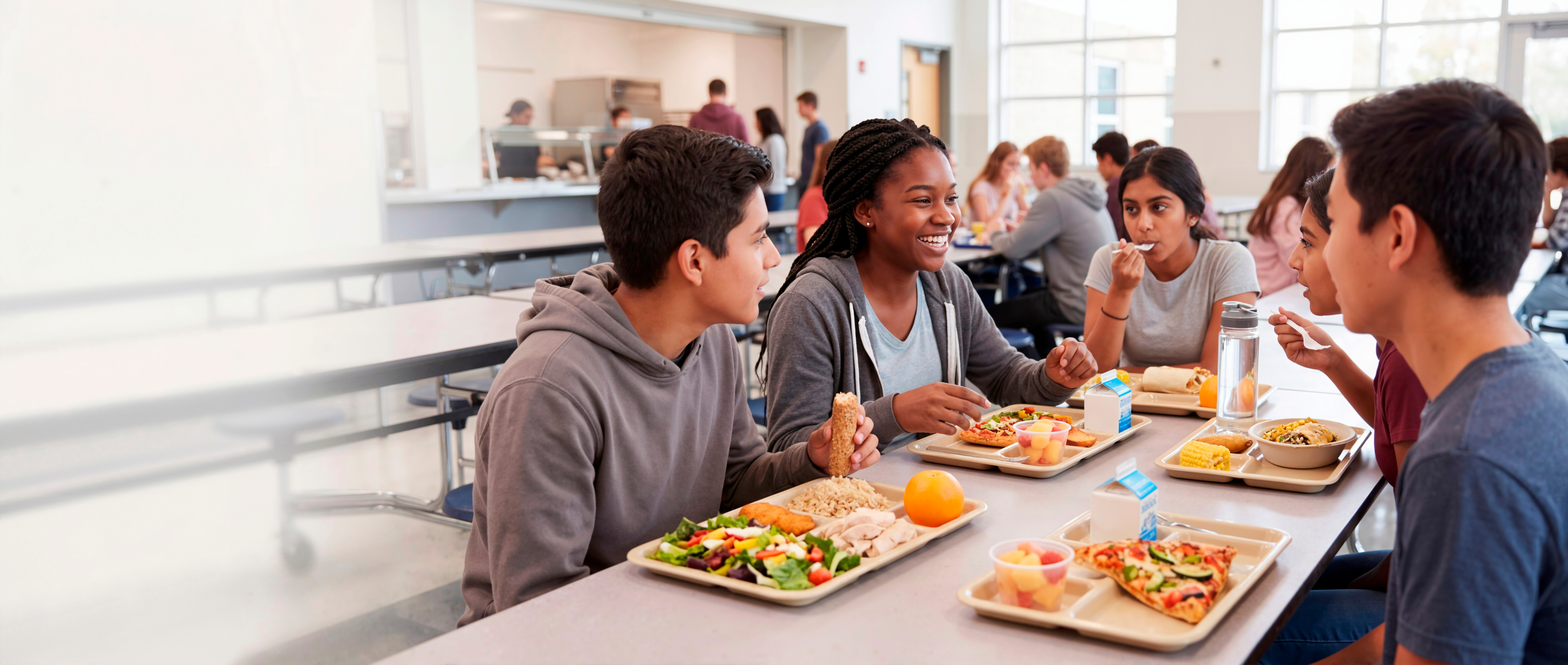 Aa group of students laugh and talk while having lunch in the cafeteria