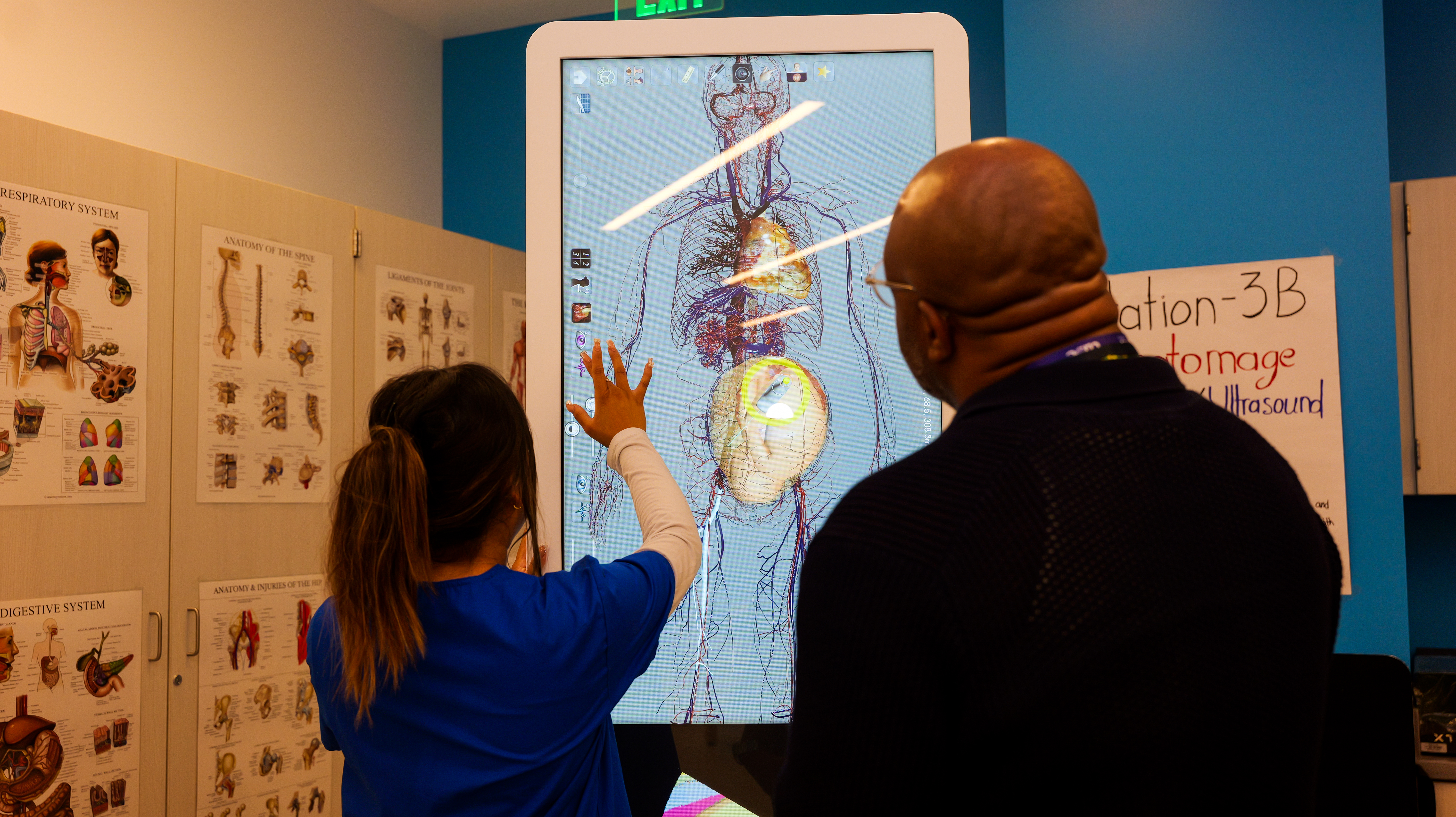 A student shows a school visitor an anatomy chart.