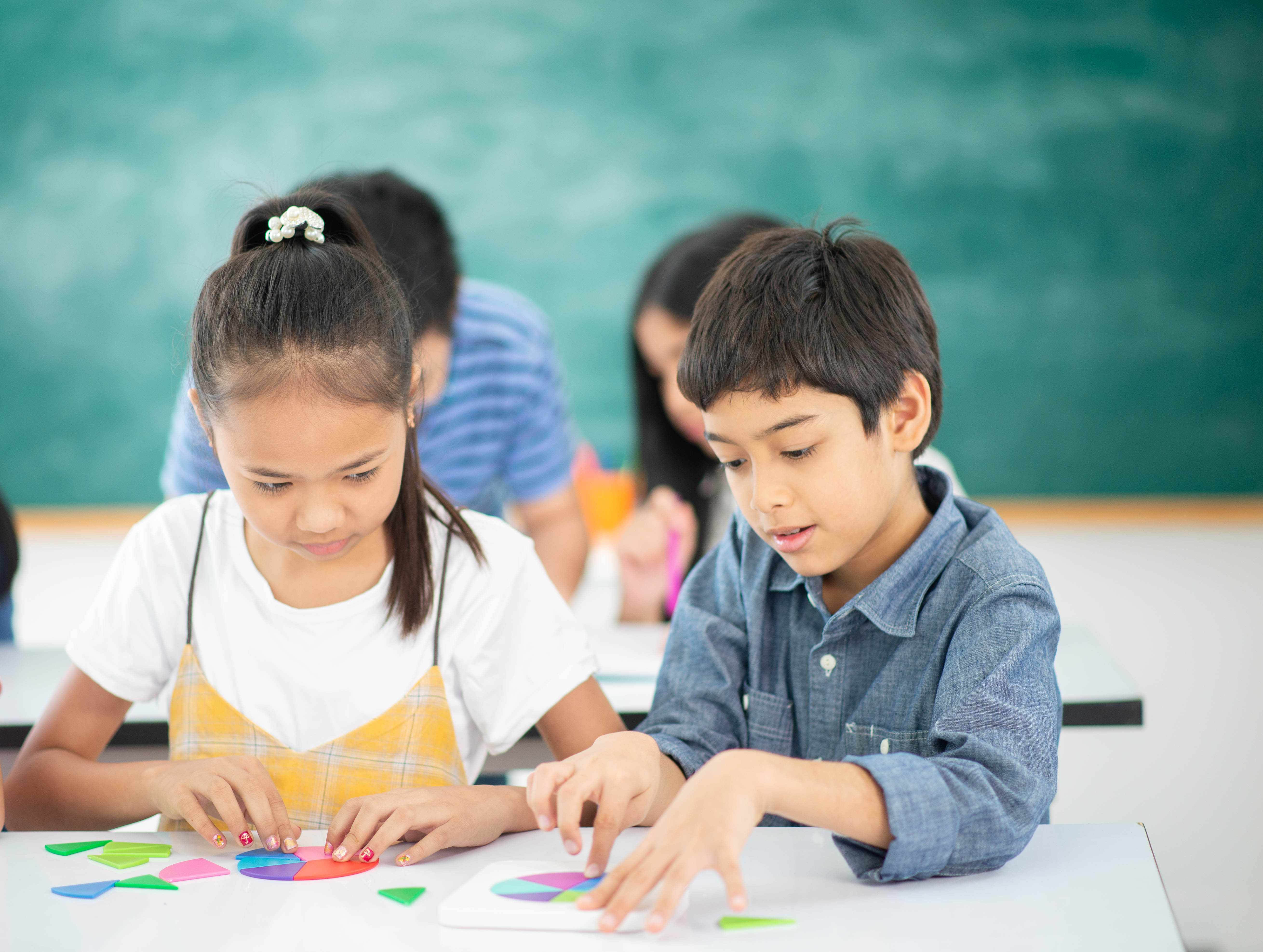 Two students work on a pie chart