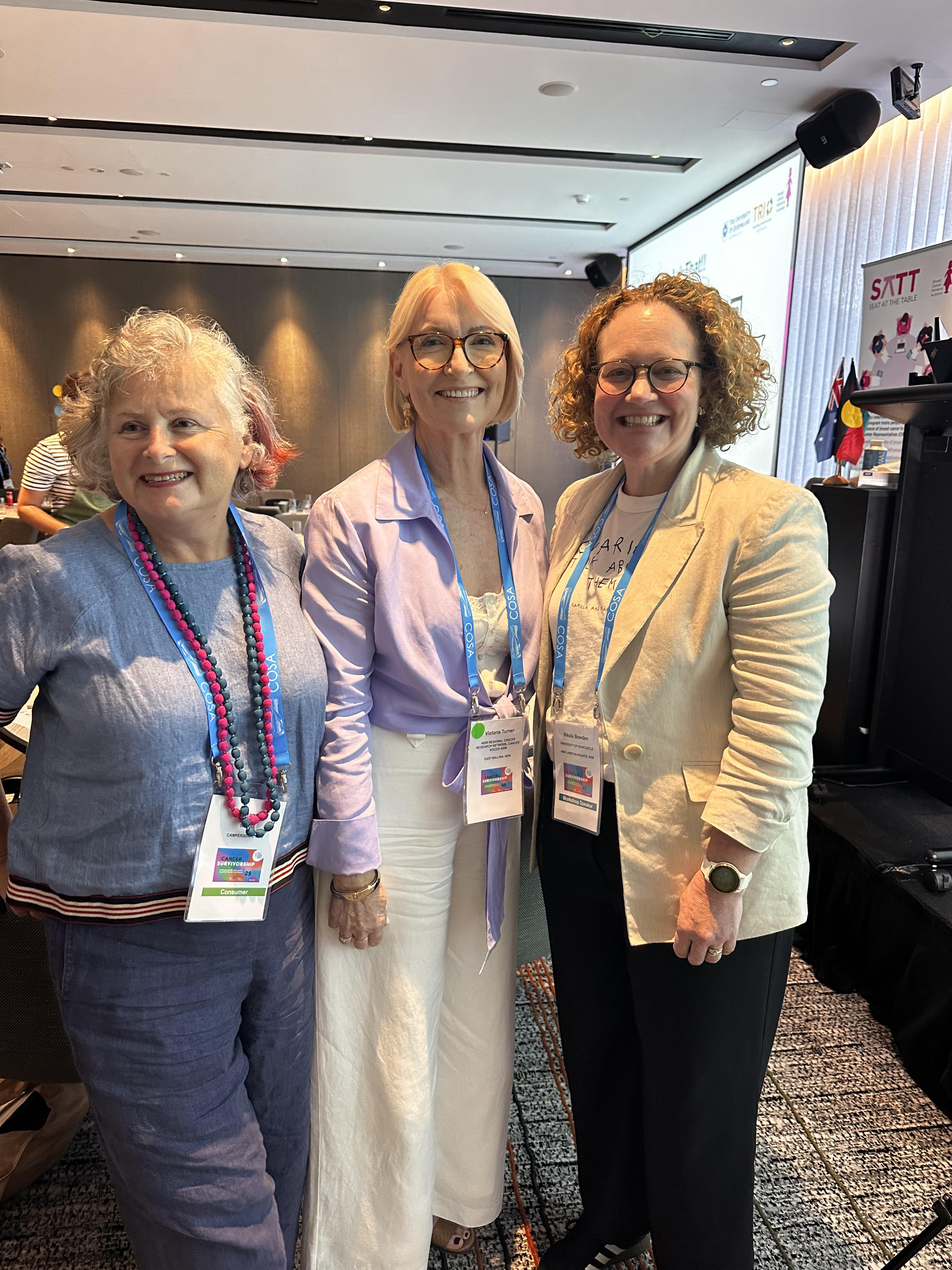 Cancer consumers Gill Stannard and Victoria Haskins pictured with Professor Nikola Bowden at the COSA Survivorship Conference Consumer Workshop