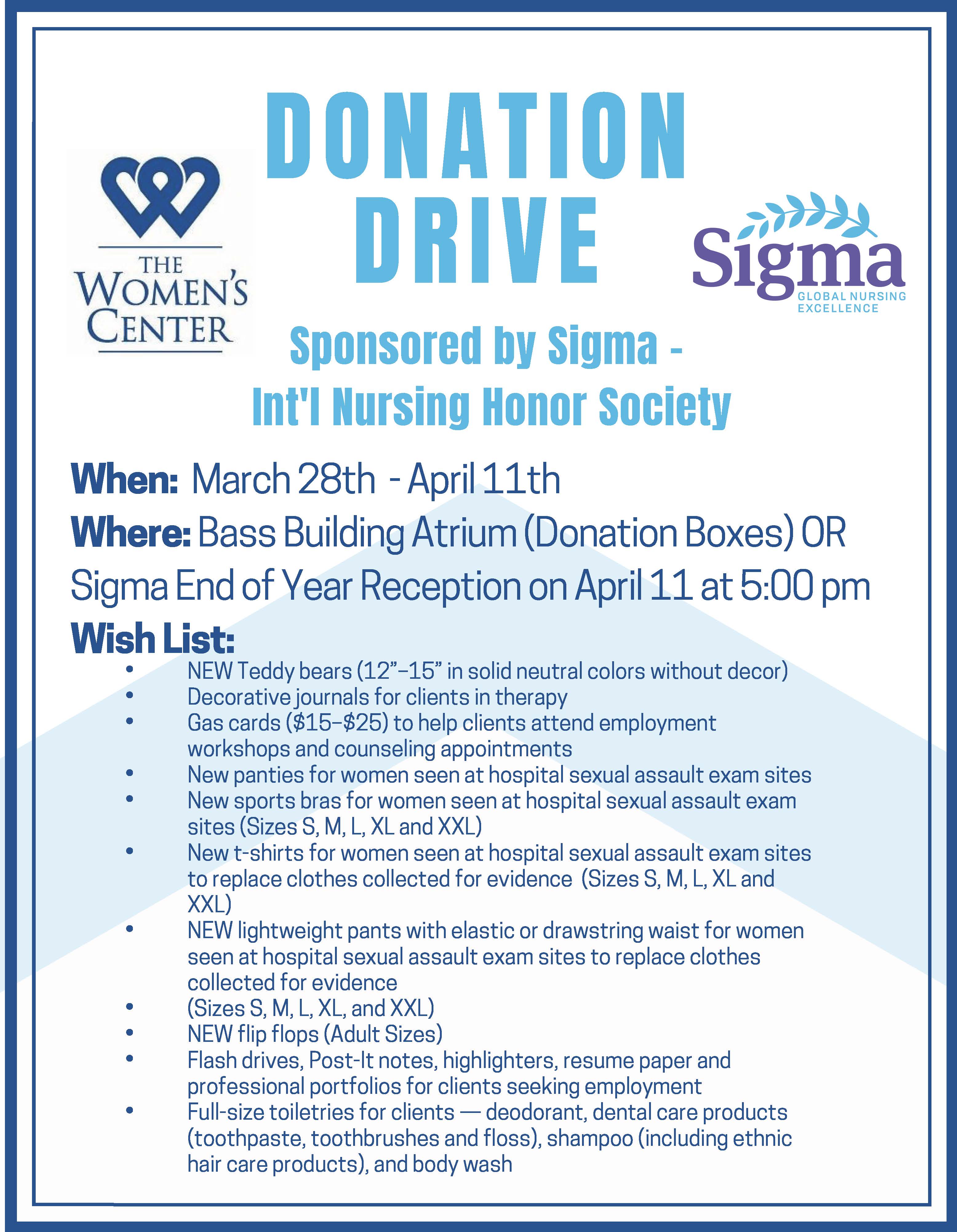 Items needed for Women's Center Women's Center drive