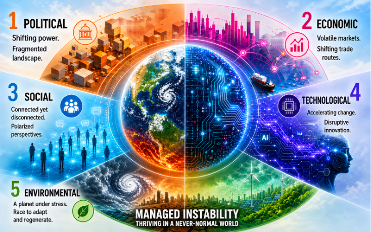 Figure 1. The next decade – five forces create a never normal world resulting in managed instability (artwork: Evan Cooper Thomas with AI Perplexity Pro).