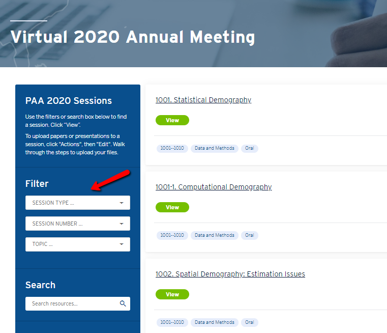 Use filters to find your session Use filters to find your session