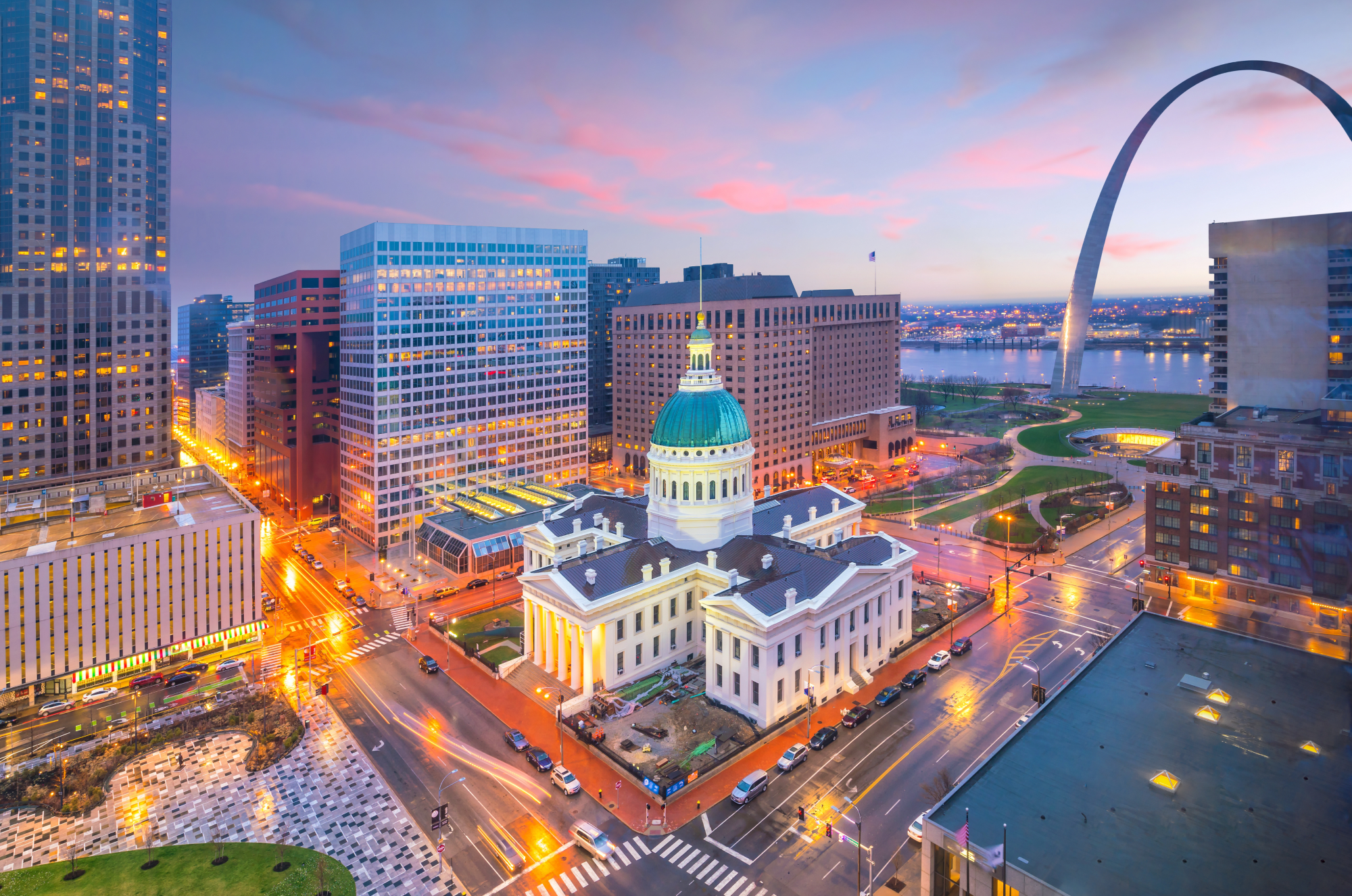 Aerial shot of St. Louis at night