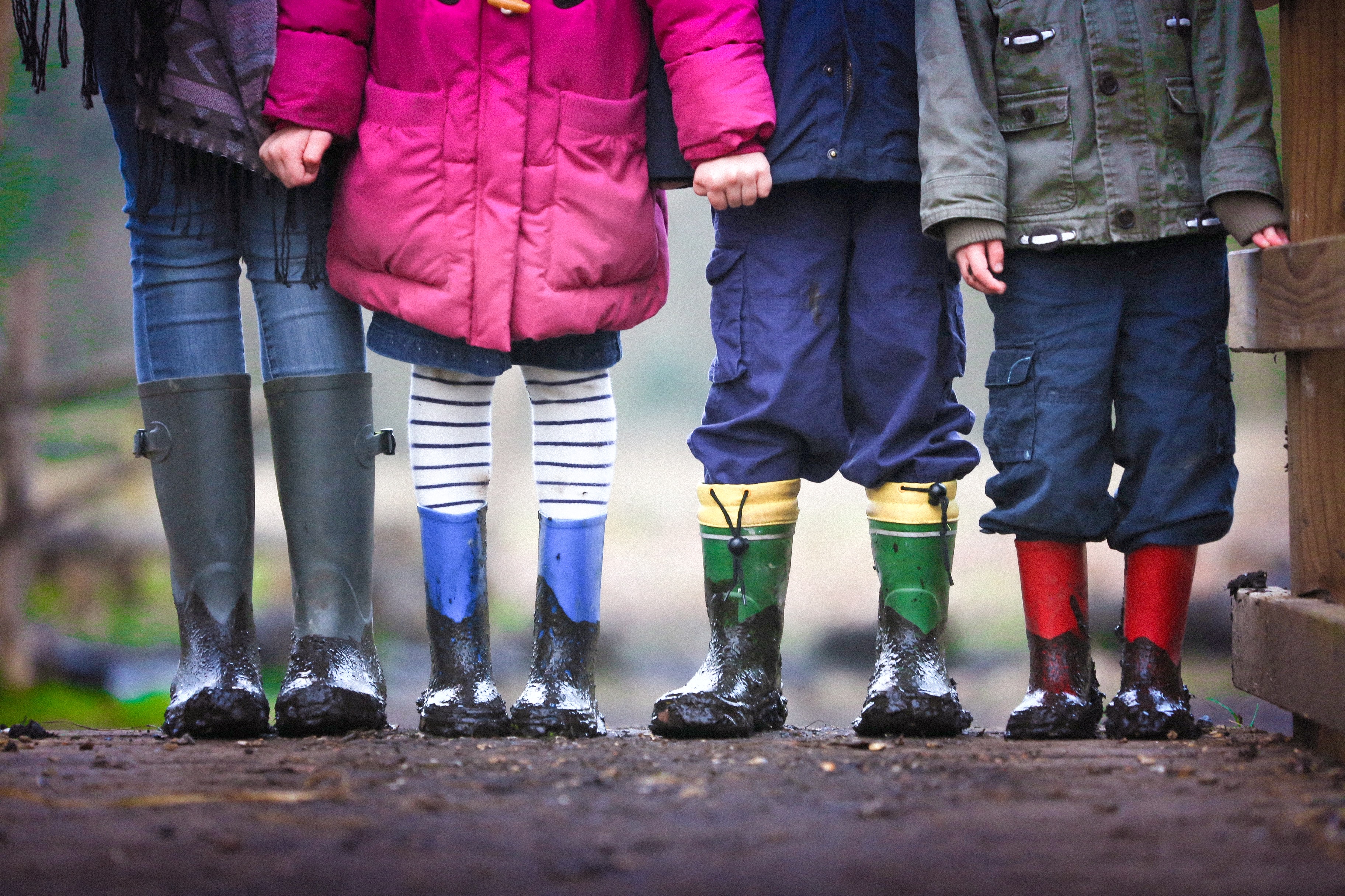 The legs of children dressed for rain