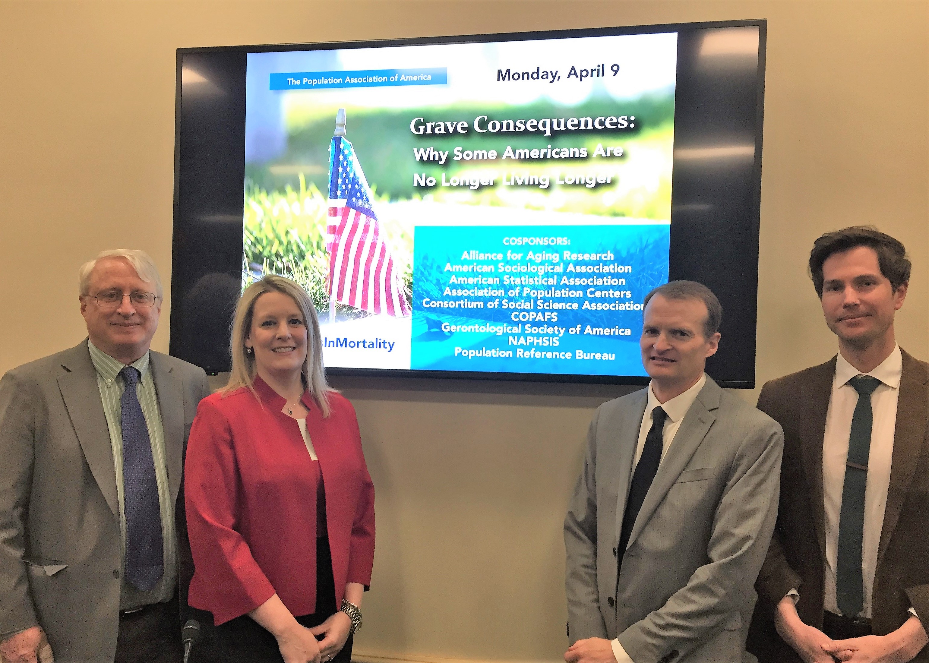 Pictured (L-R) are Dr. John Haaga (National Institute on Aging), Dr. Shannon Monnat (Syracuse U.), Dr. Mark Mather (Population Reference Bureau) and Dr. Andrew Fenelon (U. of Maryland)