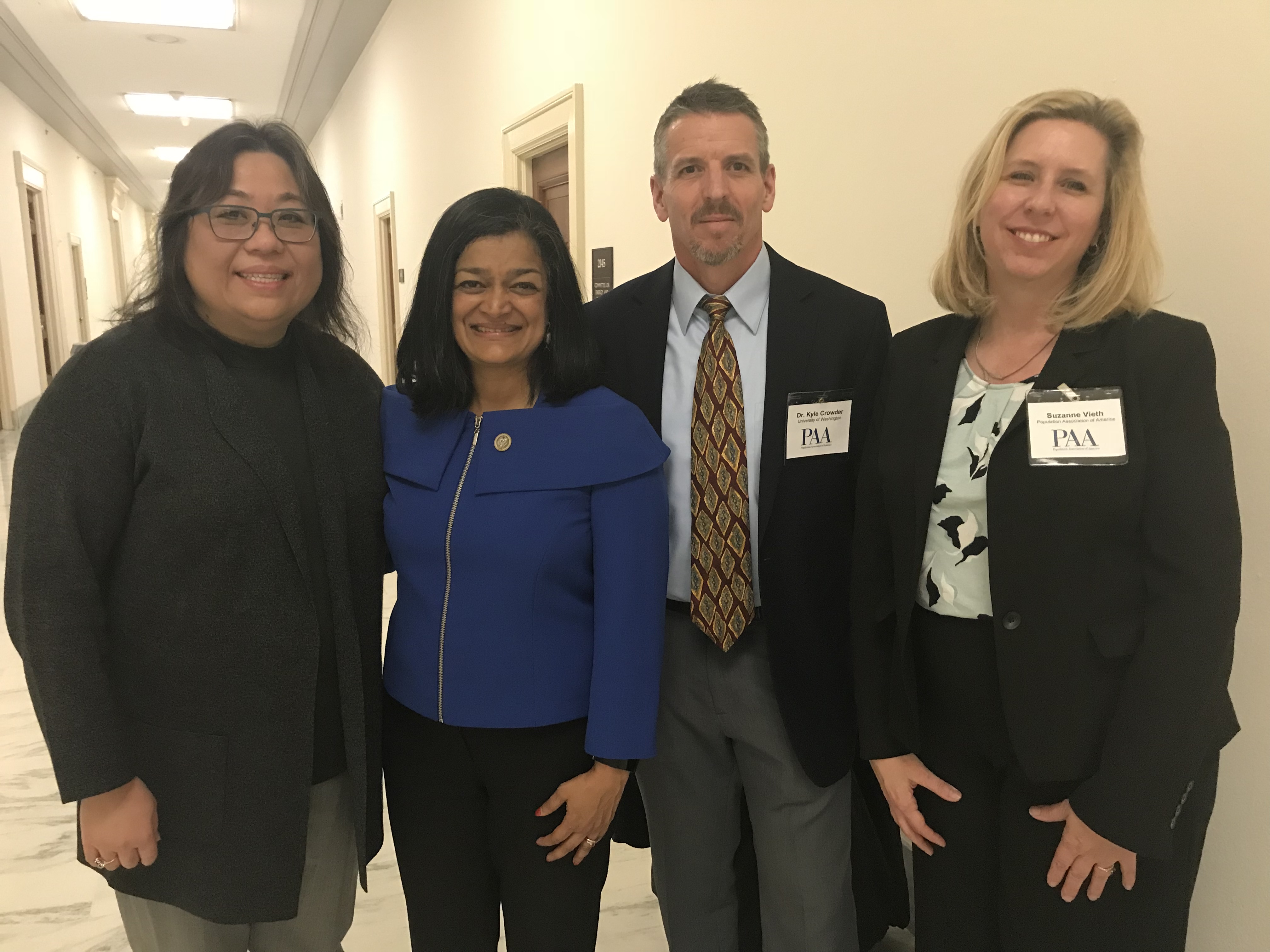 PAA members meet with Rep. Pramila Jayapal (D-WA) in March 2018. Pictured L-R, Dr. Grace Kao (Yale U.), Rep. Jayapal, Dr. Kyle Crowder (U. of Washington) and Deputy Director of Government Affairs Suzanne Stokes Vieth