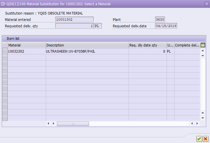 SAP sample Substitute Item Screen
