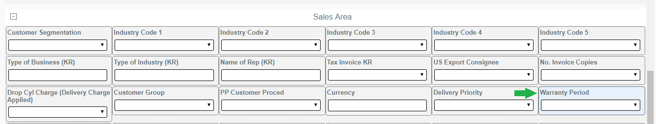 Updated Sales Area Form Group (with Newly Added Warranty Period Dropdown List Box)
