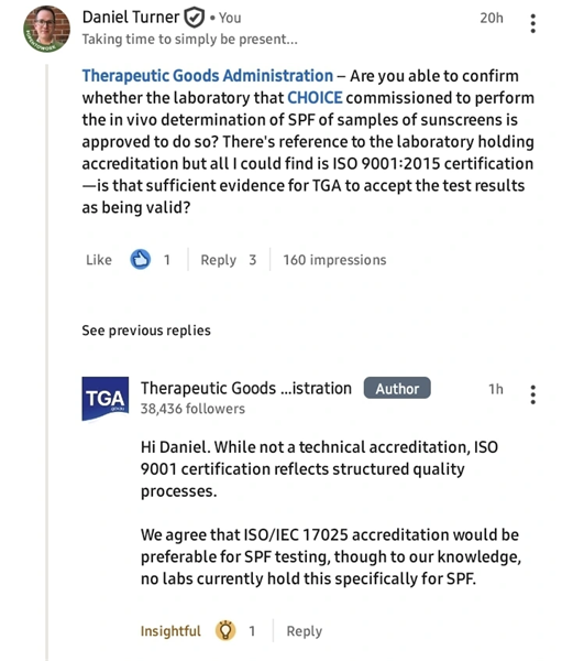 Comment by Daniel Turner and reply from the TGA