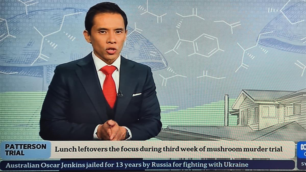 Background of image has a collection of molecular structures that are wholly unrelated to death cap mushrooms