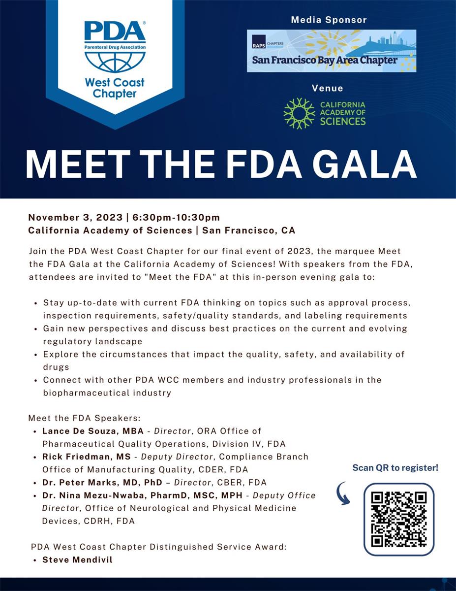 RAPSSF supports PDA West Coast Chapter event, "Meet The FDA Gala" 11/3