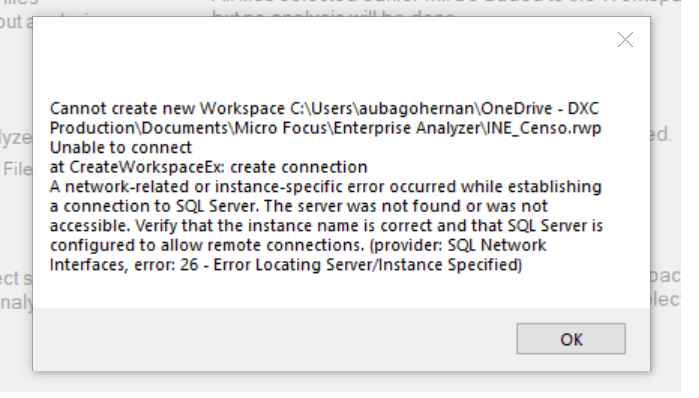 Error creating a new Enterprise Analyzer WorkSpace | Rocket® Enterprise ...