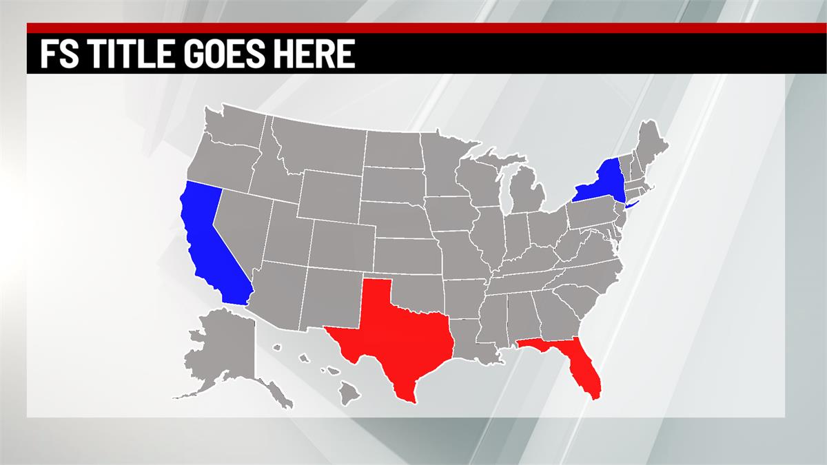 US MAP showing Texas and Florida highlighted in red, while California and New York are highlighted in Blue