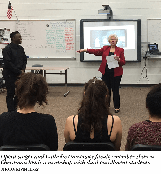 Opera singer and Catholic University faculty member Sharon Christman leads a workshop with dual-enrollment students. Photo: Kevin Terry.