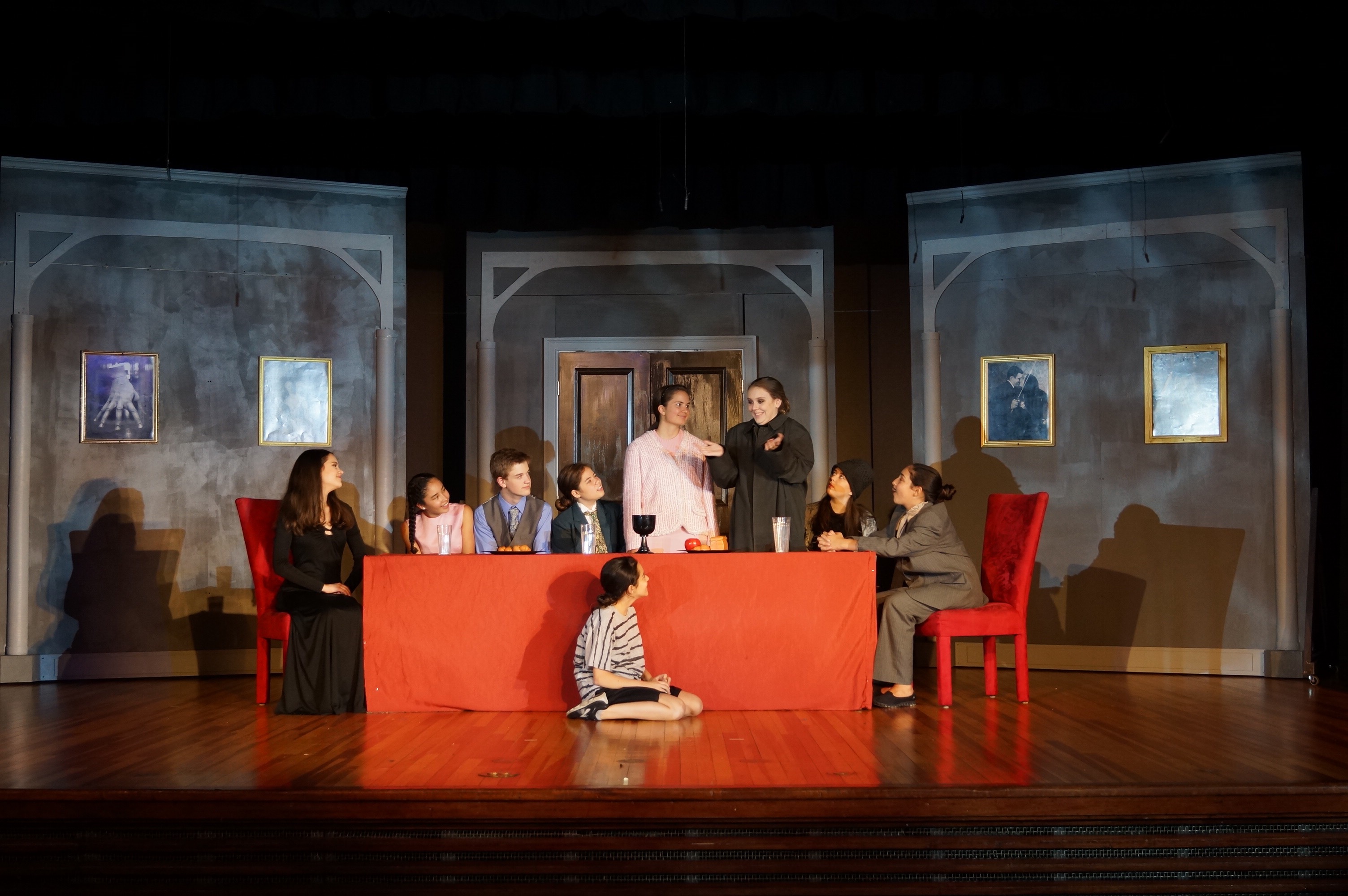 Full cast at dining table