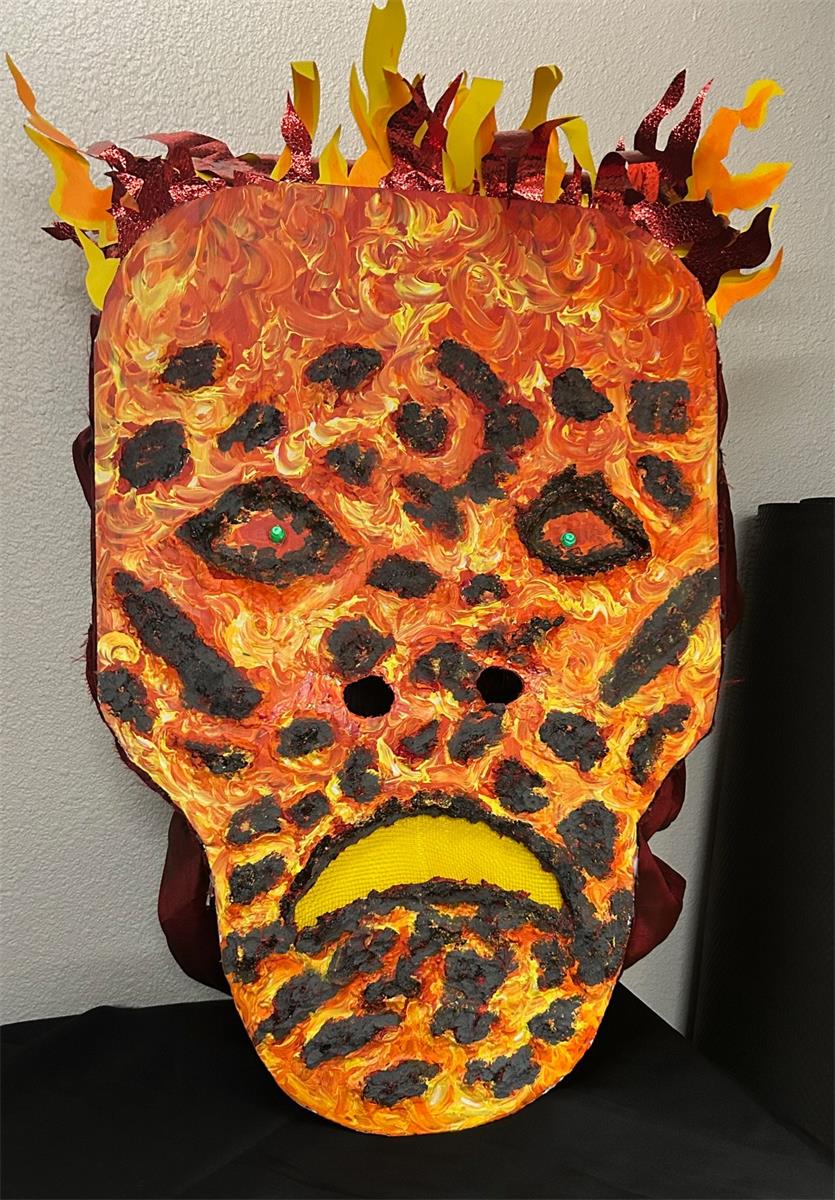 This was designed so the actor can still see as they move about. The eyes light up as well