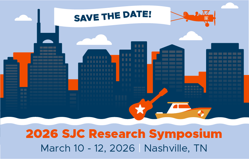 A promotional image for the 206 SJC Research Symposium. An illustration of the Nashville skyline in navy blue and orange sits on a light blue background. Above the skyline, a small orange airplane with a white Safety and Justice Challenge logomark flies over the city with a banner on which 