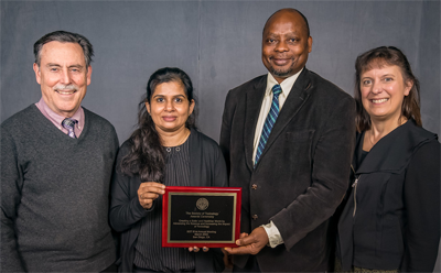 (L to R) 2022 Global Senior Scholar Host Michael Dourson, Scholar Nisha A R, Host Bernard Gadagbui, and SOT Councilor Sue Marty