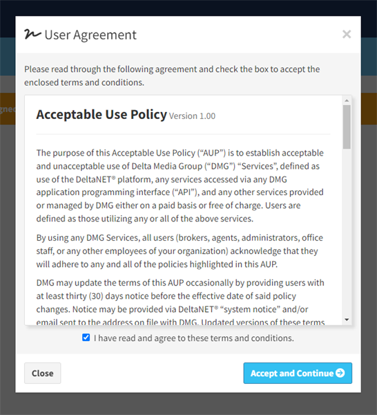 User Agreement Screenshot