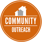 Space Coast Association of REALTORS® Community Outreach Commitee Logo Orange circle with a two white and one gray house inside above lines that say Community Outreach