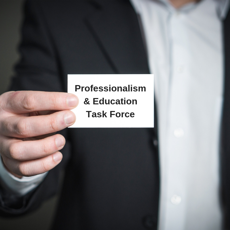 Space Coast Association of REALTORS® Professionalism & Education Task Force Logo Gentleman holding up a card that says Professionalism & Education Task Force