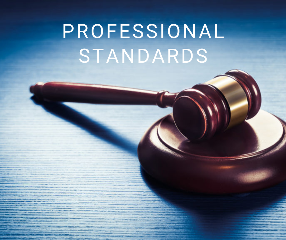 Space Coast Association of REALTORS® Professional Standards logo A gavel on a fading blue and white background below the words Professional Standards in white font
