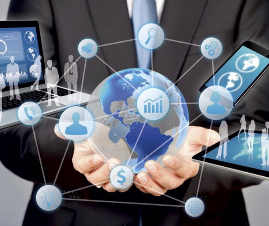 Space Coast Association of REALTORS® Tech Committee Logo man holding a globe with bubbles with communications tools