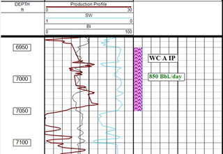 This chart demonstrates how ShaleVisionTM was used in the Escopeta case to identify entry points for horizontal wells based on log data for a vertical well.  It shows a segment of our proprietary Production Profile (brown line), along with brittleness (black) and water saturation (blue), with the best entry zone for a horizontal well highlighted.  The Initial Production (IP) estimate for the horizontal well (850 Bbl./day) was calculated assuming a 7,000 ft. lateral and was based on a correlation with the production profile of a neighboring vertical well.  This is one of four high potential horizontal wells identified by the  Production Profile for the entire well.