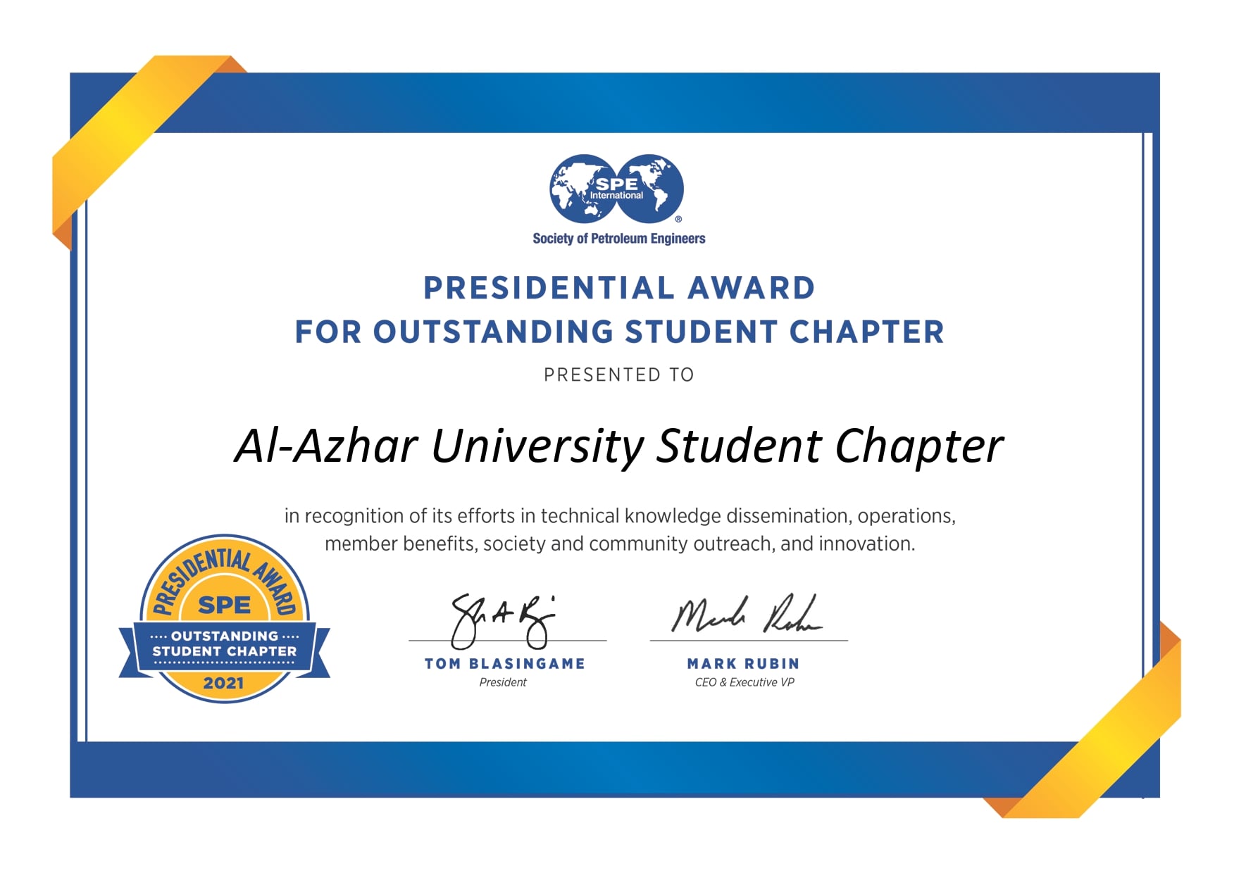 Presidential Award for Outstanding Student Chapter Al-Azhar University