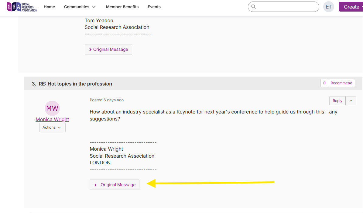 Screenshot showing how to locate the original message in a discussion thread