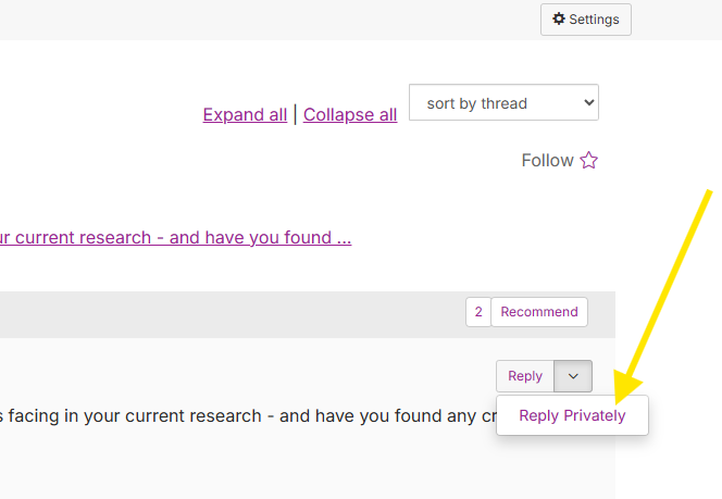 Screenshot showing how to reply privately to a post