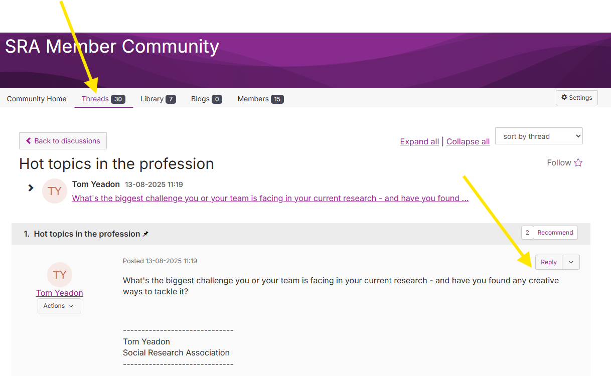 Screenshot showing where to respond to posts