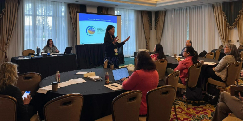 A woman presenting in a small group setting. 