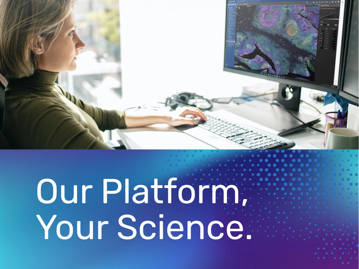 Alt Text: Out Platform, Your Science. Image: Woman looking onto screen.