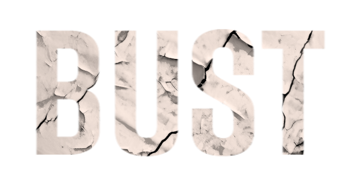 The text bust stylized in broken glass