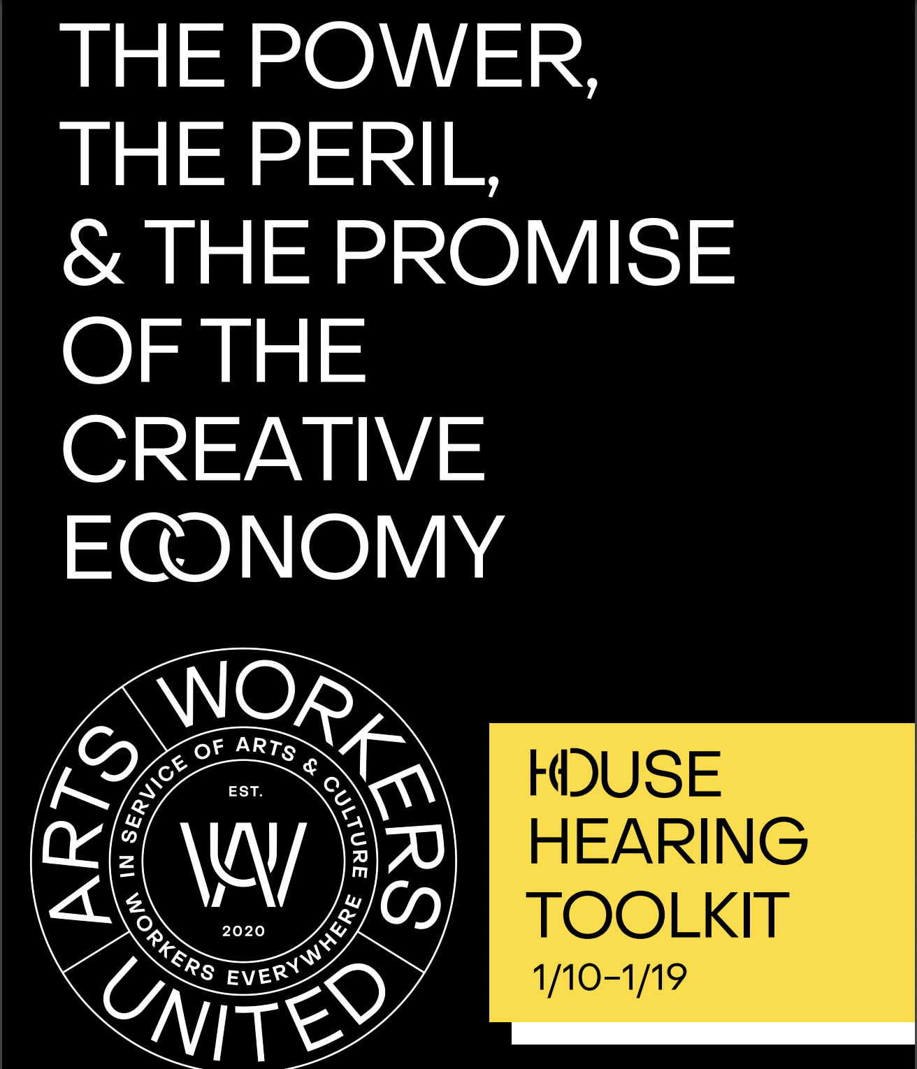 Cover of the House Hearing Toolkit. Black background with white and yellow lettering, 