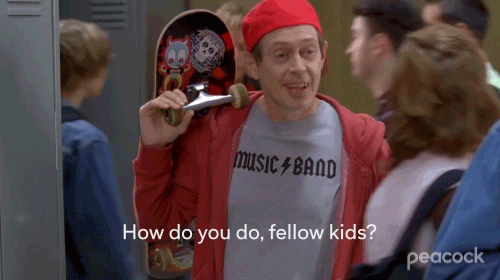 A moving image of a old man dressed as a young person saying "How do you do, fellow kids?"